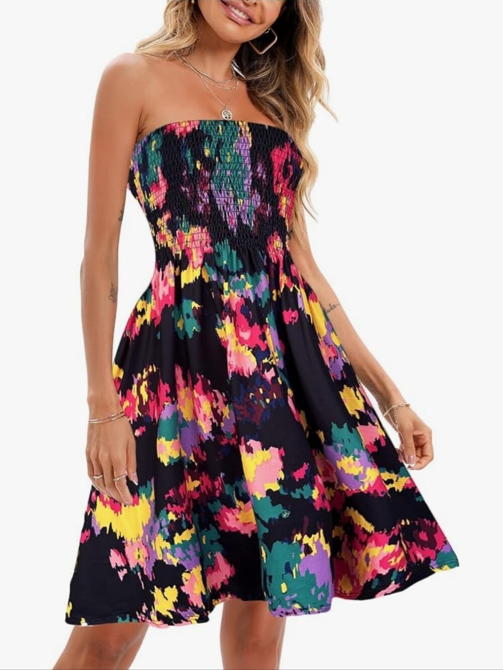 Strapless Black Floral-Print Smocked Sundress